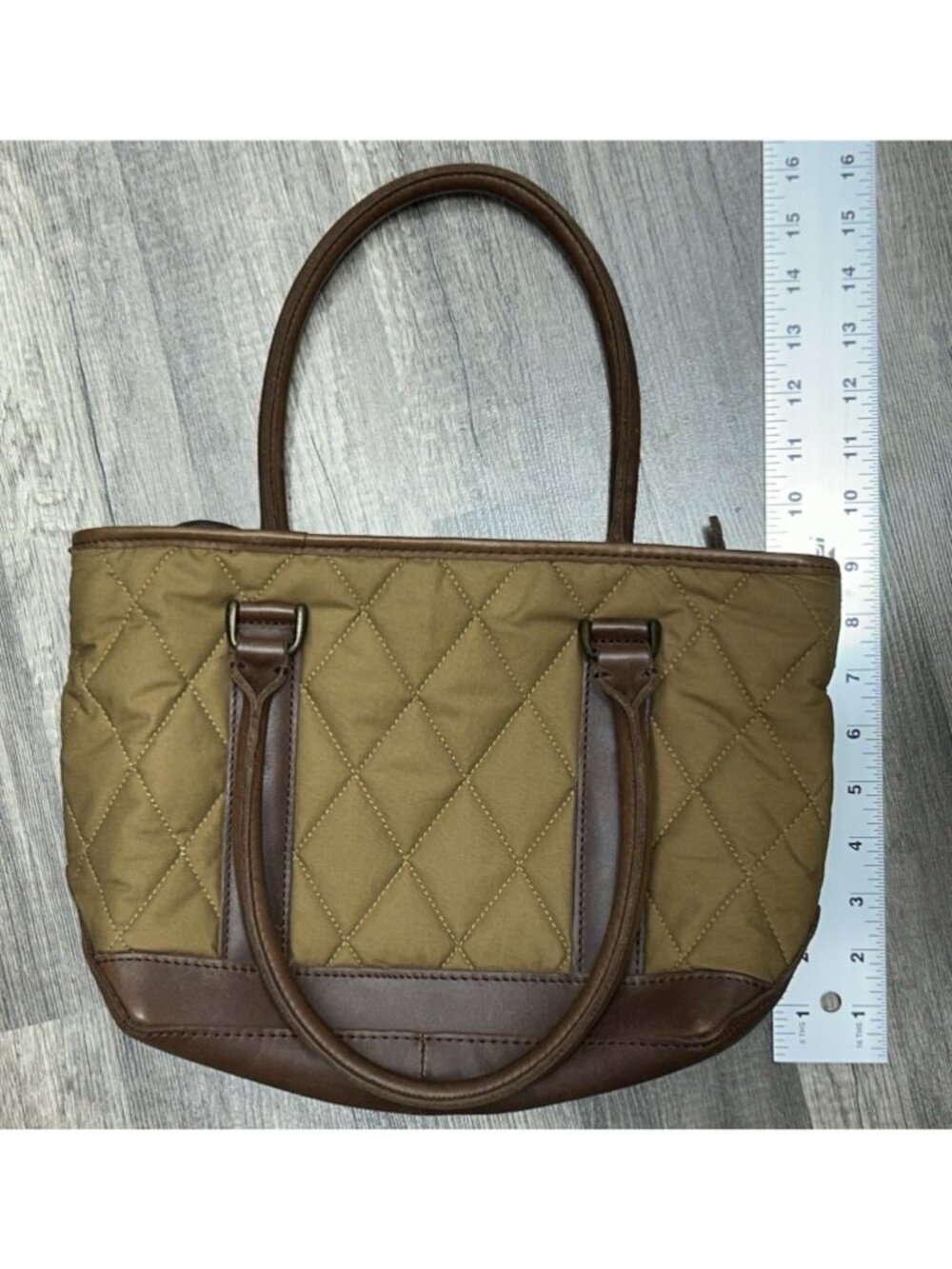LL Bean Quilted Leather Tote Hand Bag Brown Purse Tan Zippered Pocket Y2K 283373 - Picture 5 of 13